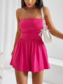 SHEIN EZwear 腰部鏤空褶邊抹胸連體短褲 - 粉色 - 查看 3