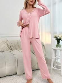 Contrast Lace Button Front Top & Pants PJ Set / Pajama Set, Fall Winter Clothes - Dusty Pink - View 4