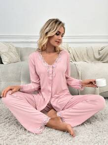Contrast Lace Button Front Top & Pants PJ Set / Pajama Set, Fall Winter Clothes - Dusty Pink - View 5