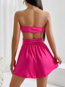 SHEIN EZwear 腰部鏤空褶邊抹胸連體短褲 - 粉色 - 查看 6