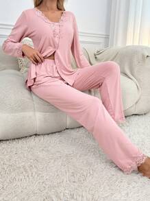Contrast Lace Button Front Top & Pants PJ Set / Pajama Set, Fall Winter Clothes - Dusty Pink - View 6