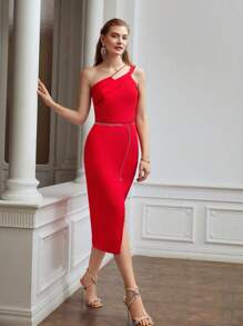 MOTF PREMIUM ONE SHOULDER FOLDOVER DRESS WITHOUT CHAIN - Red - View 4