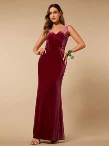 SHEIN Belle 魚尾裙下擺絲絨伴娘連衣裙 - 酒紅色 - 查看 3