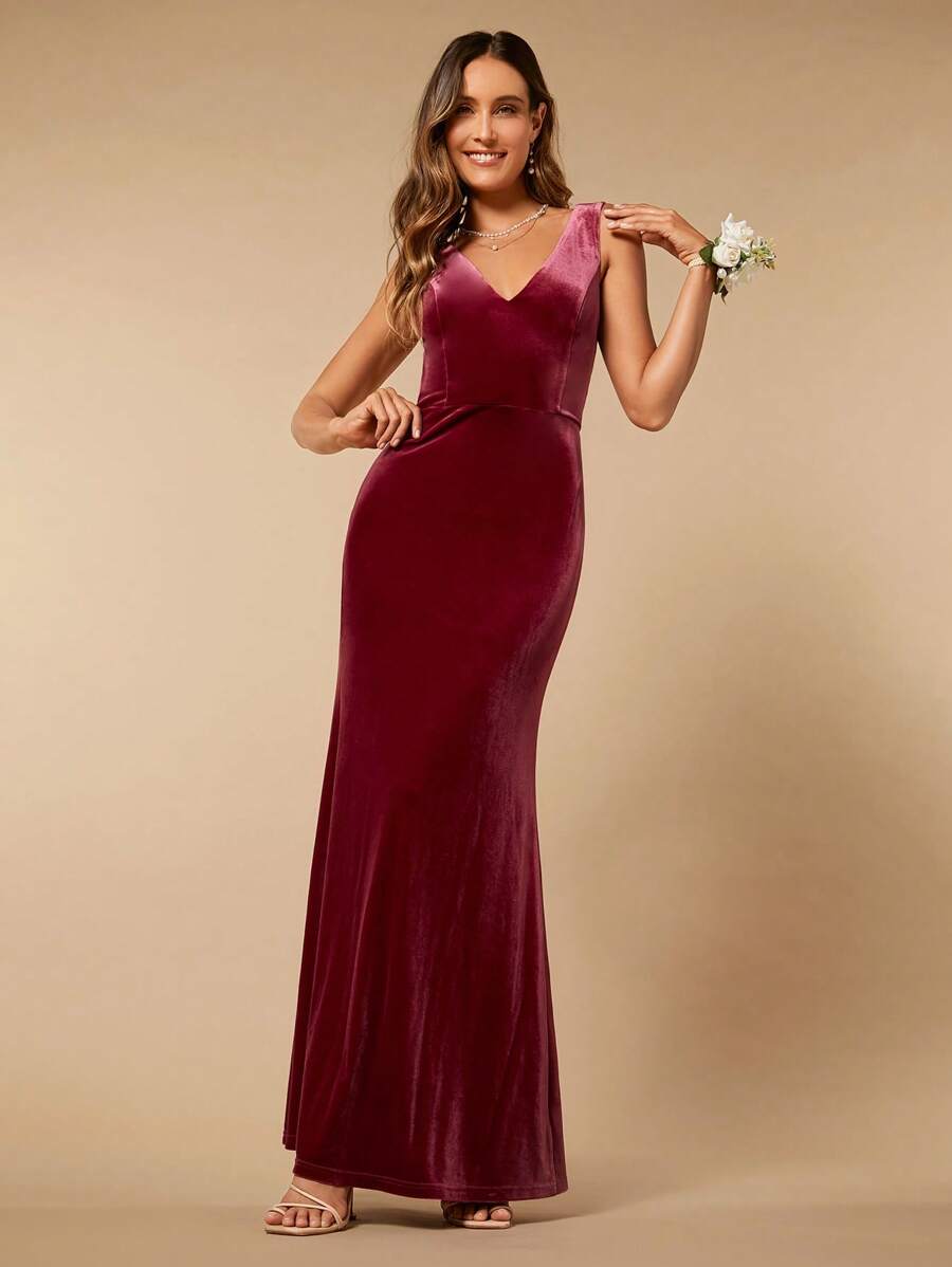 SHEIN Belle 魚尾裙下擺絲絨伴娘連衣裙 - 酒紅色 - 查看 1