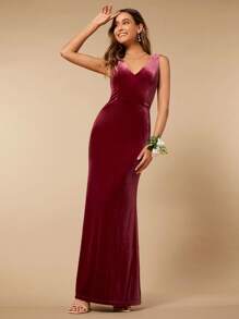 SHEIN Belle 魚尾裙下擺絲絨伴娘連衣裙 - 酒紅色 - 查看 4