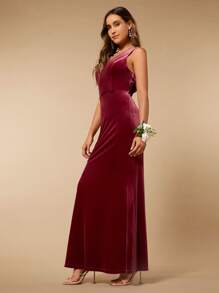 SHEIN Belle 魚尾裙下擺絲絨伴娘連衣裙 - 酒紅色 - 查看 7