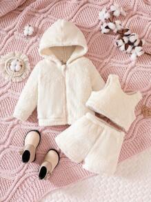 Baby Girl Zip Up Hooded Teddy Jacket & Shorts & Tank Top - Apricot - View 1