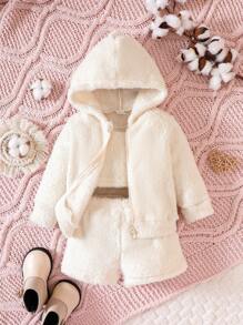 Baby Girl Zip Up Hooded Teddy Jacket & Shorts & Tank Top - Apricot - View 3