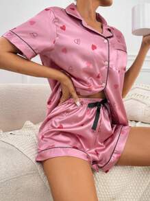 愛心圖案拼接滾邊緞面睡衣套裝 - 玫紅色 - 查看 1