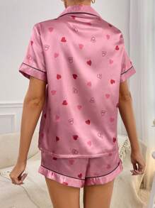 愛心圖案拼接滾邊緞面睡衣套裝 - 玫紅色 - 查看 2