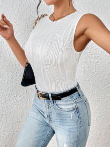 SHEIN Frenchy Solid Round Neck Tank Bodysuit - White - View 4