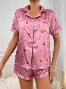 愛心圖案拼接滾邊緞面睡衣套裝 - 玫紅色 - 查看 6