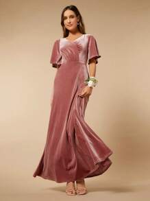 SHEIN Belle Butterfly Sleeve Velvet Bridesmaid Dress - Dusty Pink - View 3