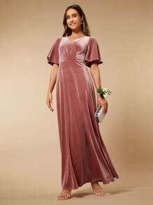SHEIN Belle Butterfly Sleeve Velvet Bridesmaid Dress - Dusty Pink - View 4
