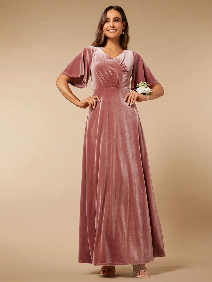 SHEIN Belle Butterfly Sleeve Velvet Bridesmaid Dress - Dusty Pink - View 1
