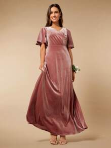 SHEIN Belle Butterfly Sleeve Velvet Bridesmaid Dress - Dusty Pink - View 6