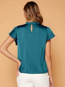 SHEIN Privé Frill Neck Butterfly Sleeve Solid Top - Teal Blue - View 2