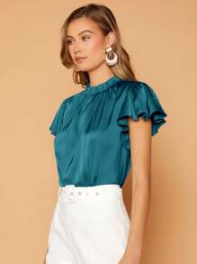 SHEIN Privé Frill Neck Butterfly Sleeve Solid Top - Teal Blue - View 4