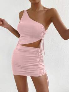 SHEIN Privé Bộ đồ hai mảnh nữ Cắt ra Dây kéo Xù màu trơn Gợi cảm - Hồng - Xem 5