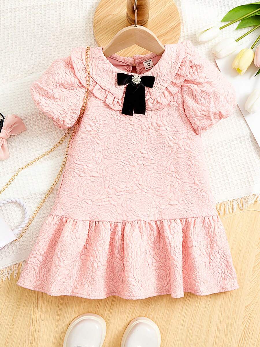 SHEIN Young Girl Jacquard Ruffle Trim Bow Front Puff Sleeve Ruffle Hem Dress - Baby Pink - View 1