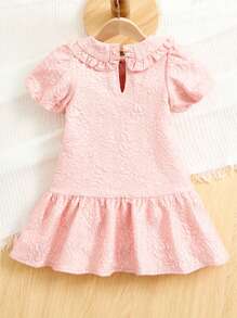 SHEIN Young Girl Jacquard Ruffle Trim Bow Front Puff Sleeve Ruffle Hem Dress - Baby Pink - View 2