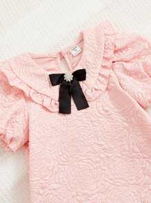 SHEIN Young Girl Jacquard Ruffle Trim Bow Front Puff Sleeve Ruffle Hem Dress - Baby Pink - View 4