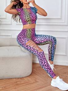 Easithlete 豹紋印花前鏤空運動套裝 - 彩色 - 查看 6
