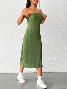 SHEIN EZwear Vestido tubo unicolor tejido de canalé de espalda abierta - Verde - Ver 4