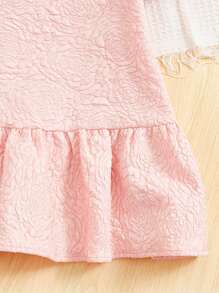 SHEIN Young Girl Jacquard Ruffle Trim Bow Front Puff Sleeve Ruffle Hem Dress - Baby Pink - View 5