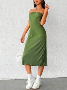 SHEIN EZwear Vestido tubo unicolor tejido de canalé de espalda abierta - Verde - Ver 6