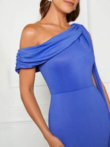 SHEIN Belle 優雅不對稱純色女士連衣裙 - 藍色 - 查看 6