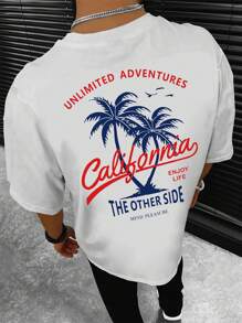Manfinity Hombres Camiseta de hombros caídos con estampado de árbol de coco y letra - Blanco - Ver 1