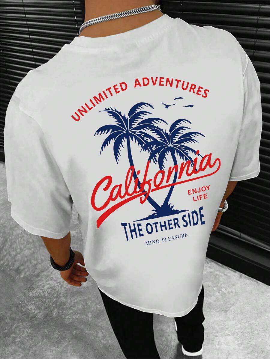 Manfinity Hombres Camiseta de hombros caídos con estampado de árbol de coco y letra - Blanco - Ver 1