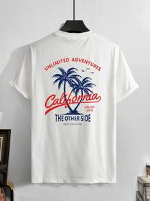 Manfinity Hombres Camiseta de hombros caídos con estampado de árbol de coco y letra - Blanco - Ver 2