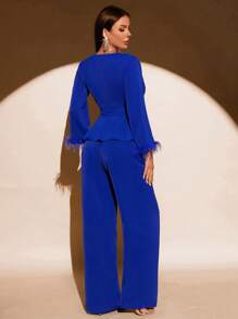 SHEIN BAE Fuzzy Cuff Belted Blazer & Wide Leg Pants