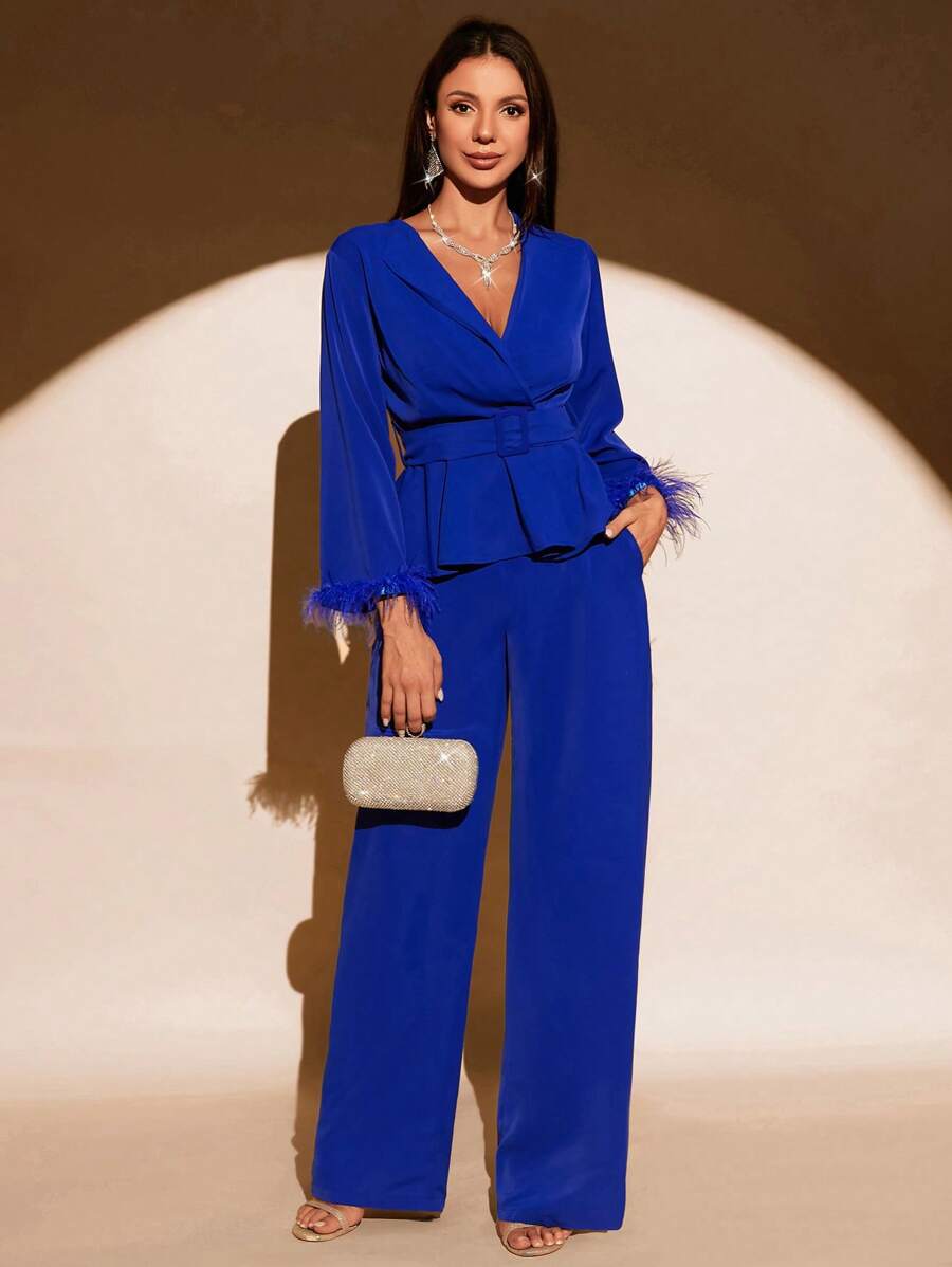 SHEIN BAE Fuzzy Cuff Belted Blazer & Wide Leg Pants