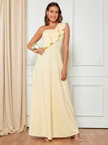 SHEIN Belle One Shoulder Ruffle Trim Dress - Yellow - View 3