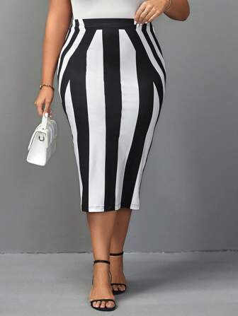 SHEIN Clasi Plus Striped Print Pencil Skirt
