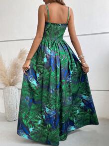 SHEIN VCAY Đầm viền lá sen Tách cao Dải chun Nhiệt đới Tất cả trên in Boho - Màu xanh lá cây đậm - Xem 2