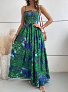 SHEIN VCAY Đầm viền lá sen Tách cao Dải chun Nhiệt đới Tất cả trên in Boho - Màu xanh lá cây đậm - Xem 3