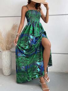 SHEIN VCAY Đầm viền lá sen Tách cao Dải chun Nhiệt đới Tất cả trên in Boho - Màu xanh lá cây đậm - Xem 4