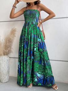 SHEIN VCAY Đầm viền lá sen Tách cao Dải chun Nhiệt đới Tất cả trên in Boho - Màu xanh lá cây đậm - Xem 5