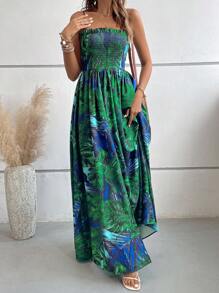 SHEIN VCAY Đầm viền lá sen Tách cao Dải chun Nhiệt đới Tất cả trên in Boho - Màu xanh lá cây đậm - Xem 6