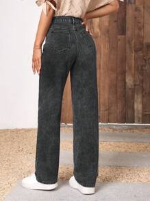 SHEIN LUNE 高腰直筒牛仔褲 - 深灰色 - 查看 3