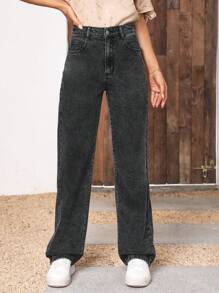 SHEIN LUNE 高腰直筒牛仔褲 - 深灰色 - 查看 5