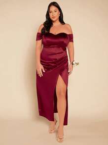 SHEIN Belle Burgundy Red Plus 1pc Off Shoulder Ruched Split Thigh Satin Bridesmaid Dress - Burgundy - View 2