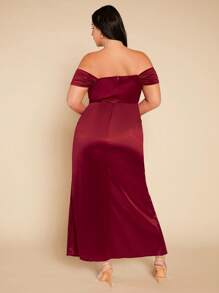 SHEIN Belle Burgundy Red Plus 1pc Off Shoulder Ruched Split Thigh Satin Bridesmaid Dress - Burgundy - View 3