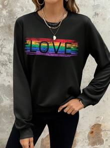 SHEIN LUNE Áo Len Cổ Tròn In Chữ Tình Yêu Màu Đen Phù Hợp Cho Mùa Xuân Thu - màu đen - Xem 2