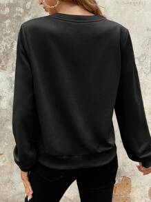 SHEIN LUNE Áo Len Cổ Tròn In Chữ Tình Yêu Màu Đen Phù Hợp Cho Mùa Xuân Thu - màu đen - Xem 7