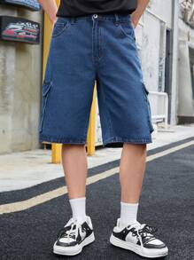 Manfinity EMRG Men Flap Pocket Side Bermuda Loose Denim Shorts - Medium Wash - View 1